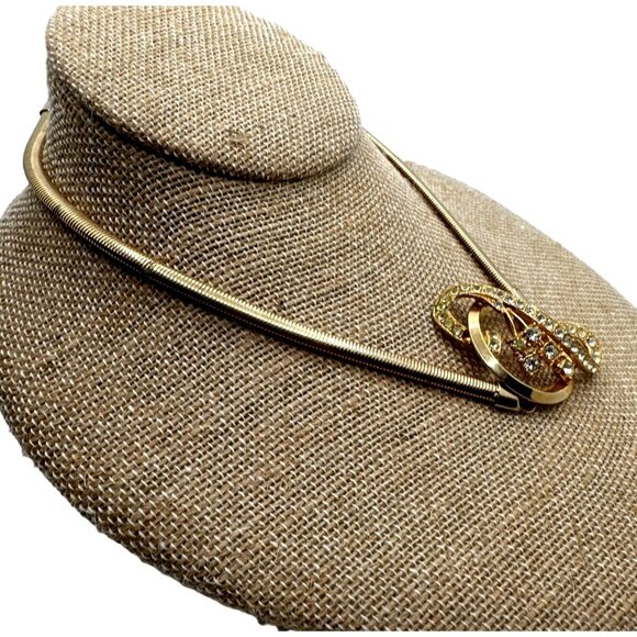 Vintage Swirl Rhinestone Choker Necklace Snake Chain Gold Tone Unsigned - Picture 2 of 9